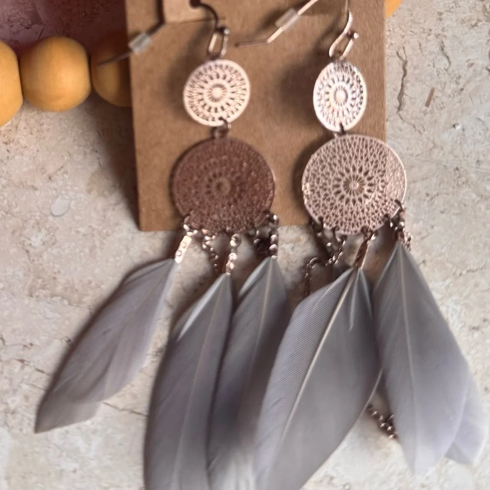 Boho Feather Dangle Earrings in Taupe - Lightweight Women’s Jewelry - Picture 2 of 4